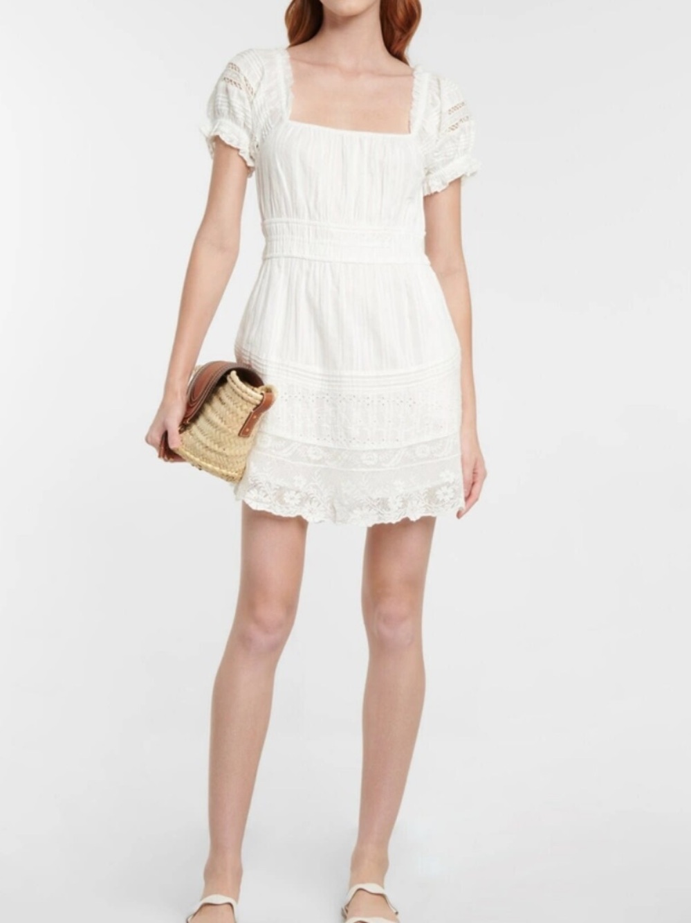 Love Shack Fancy White Lace Trim Lilium Square-Neck Mini Dress XS
